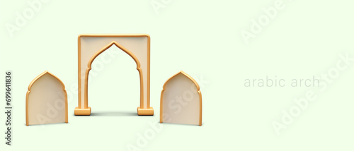 Arabic arches for doors and windows. Decorative architectural frames. Golden ornaments for mosque. Set of vector realistic elements. Empty surfaces, mockup