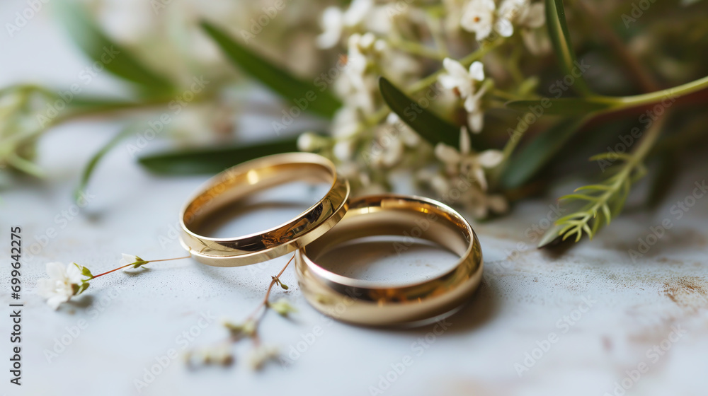 Wedding rings on a white background adorned with floral decor Wedding rings on a white background adorned with floral decor