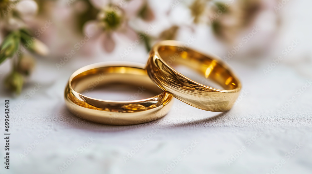 Beautiful white setting with wedding rings and floral details Beautiful white setting with wedding rings and floral details