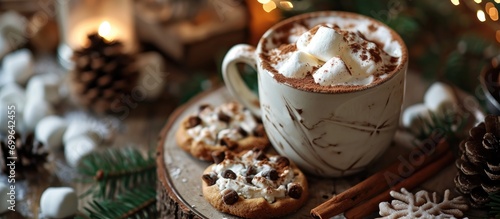 Cozy winter beverage with marshmallows and cookies.