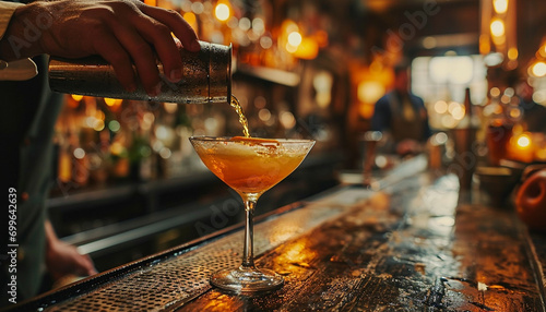 Barman pouring fresh alcoholic drink into the glasses with ice cubes on the bar counter photo