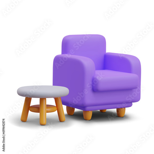 Side view on purple soft armchair and small table. Collection with furniture for online store. Vector illustration in 3d style on white background with shadow