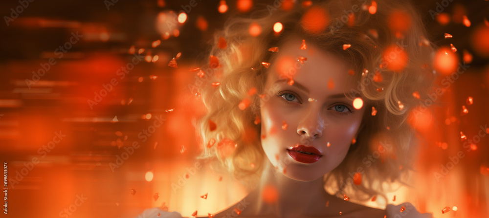 Golden-haired woman with red lips. Amidst golden and red sparkles. Valentine's Day vibes. Image for poster retro-themed event or party. Lookbook photography, fashion poster. Banner with copy space. Golden-haired woman with red lips. Amidst golden and red sparkles. Valentine's Day vibes. Image for poster retro-themed event or party. Lookbook photography, fashion poster. Banner with copy space.