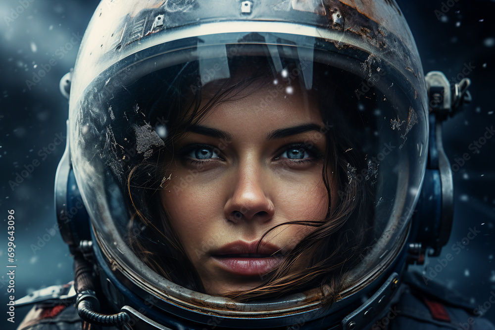 Generative AI picture of astronaut spaceman woman do space walk working space station in outer space futurism Generative AI picture of astronaut spaceman woman do space walk working space station in outer space futurism