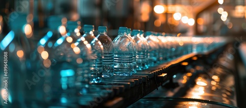Empty PET bottles on a conveyor belt during the water factory\'s filling process, using advanced plastic bottle manufacturing technology.
