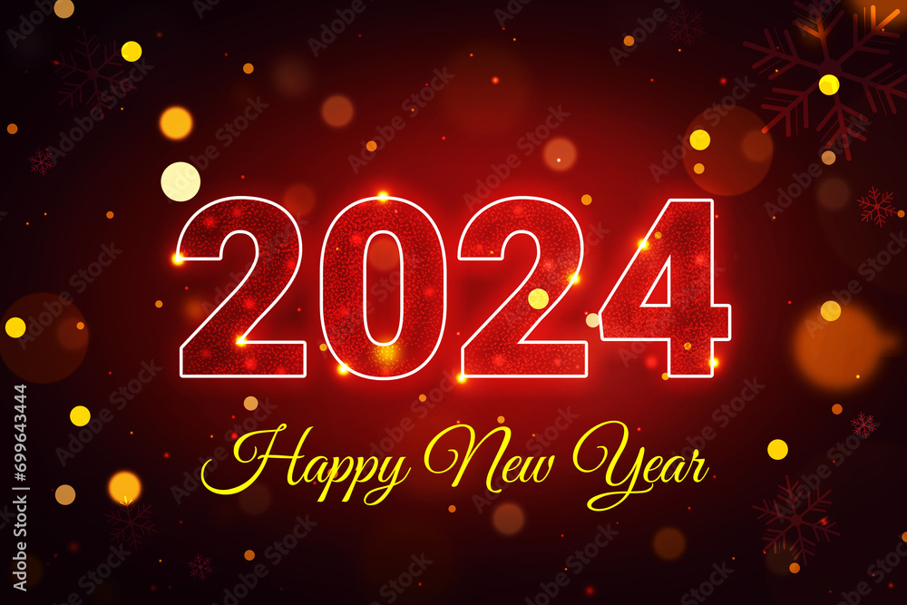 Happy New Year 2024 glowing lights colorful background wallpaper with typography and shapes.