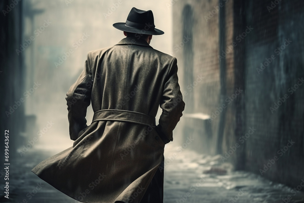 Naklejka premium Old fashioned secret agent detective retro trench coat hat glasses Generative AI motion picture retro movie