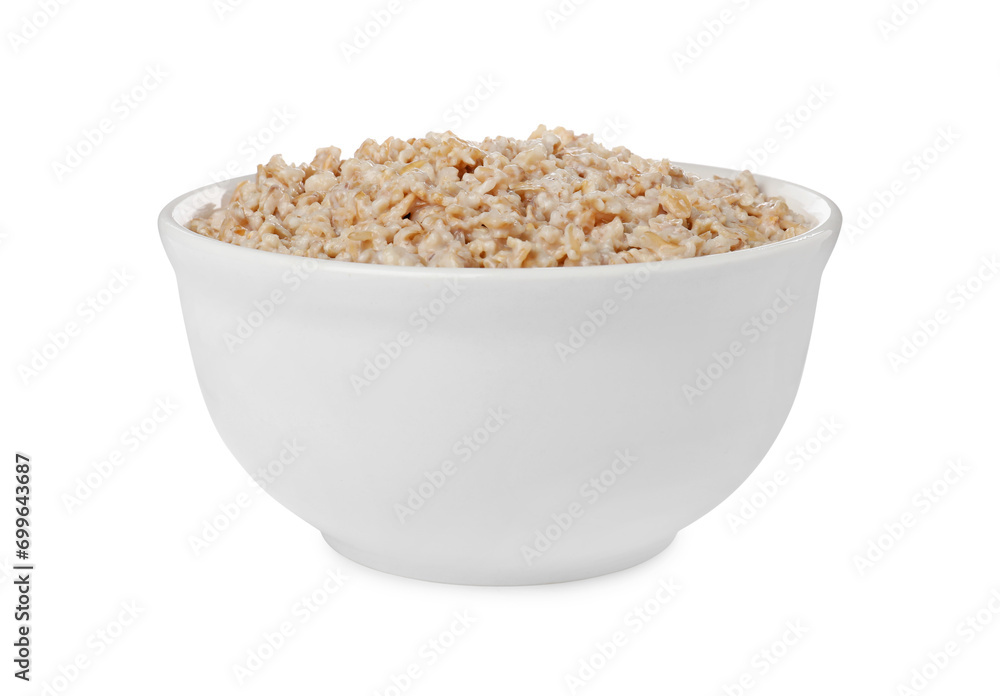 Tasty boiled oatmeal in bowl isolated on white Tasty boiled oatmeal in bowl isolated on white
