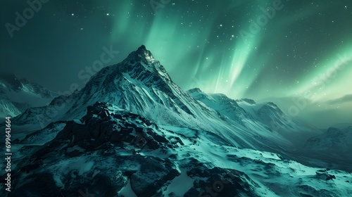 Northern Lights above Snowy Mountain Peak. Natural Background