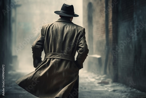 Old fashioned secret agent detective retro trench coat hat glasses Generative AI motion picture retro movie