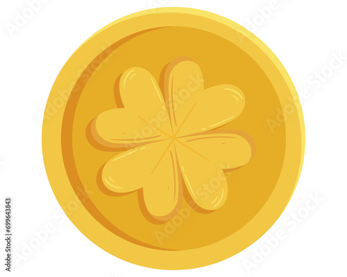 St. Patricks Day gold coin with four-leaves clover or shamrock