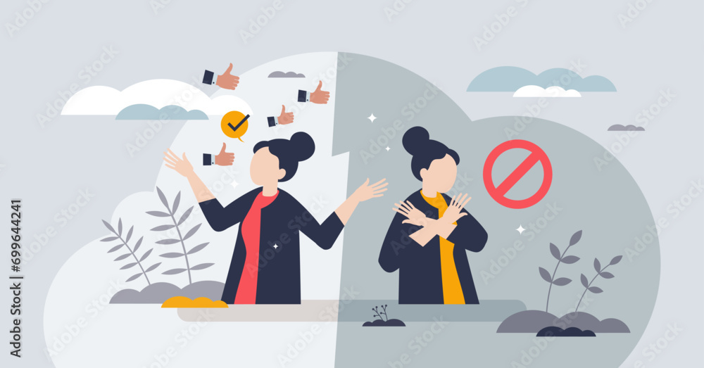 Resistance or acceptance as personal opinion about change tiny person concept. Social skill to accept new choices and be inclusive personality vector illustration. Negative attitude to new potentials