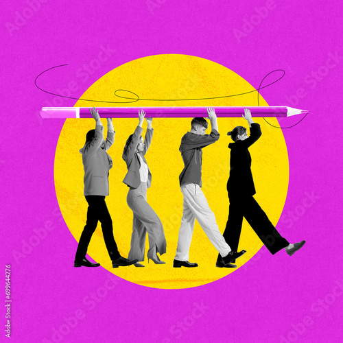 Group of young people, employees carrying giant pencil together symbolizing assistance of colleagues. Contemporary art collage. Concept of business, teamwork, success, motivation, growth photo