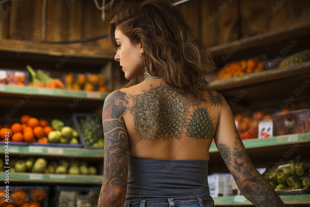 Beautiful smiling tattooed woman in market made with generative AI
