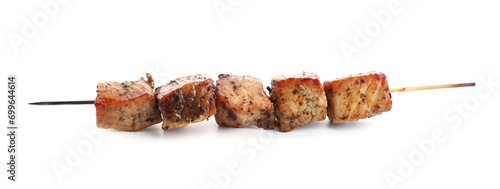Skewer with delicious shish kebab isolated on white