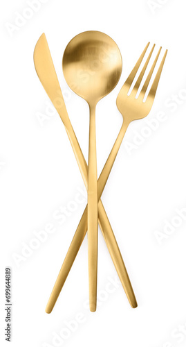 Shiny golden fork  spoon and knife isolated on white  top view. Luxury cutlery set