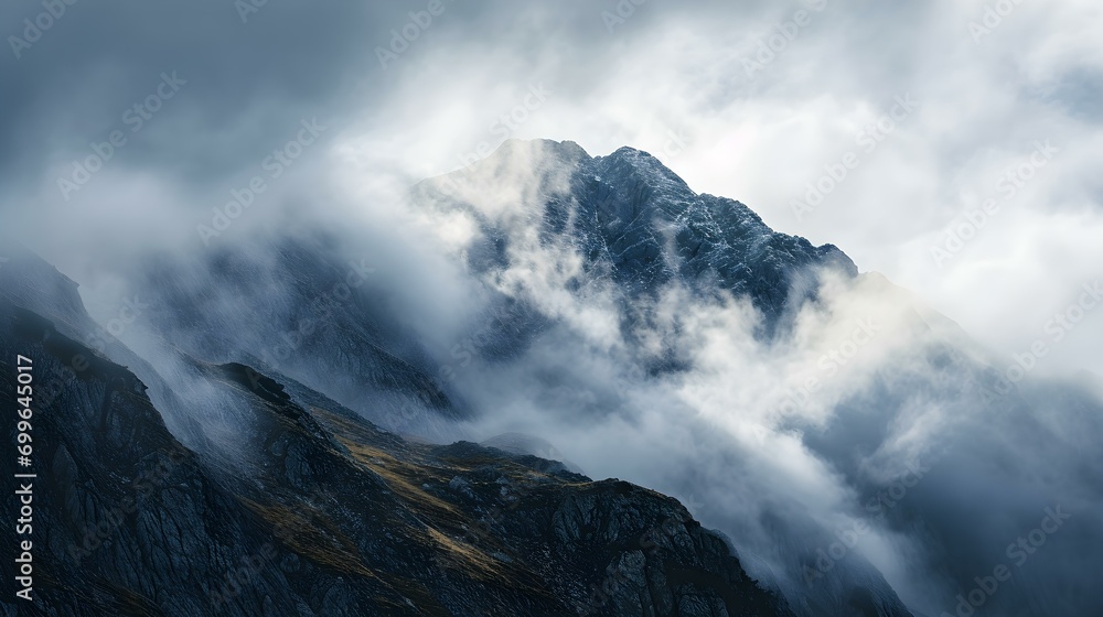 Mountain Summit enshrouded in Dramatic Clouds. Natural Background