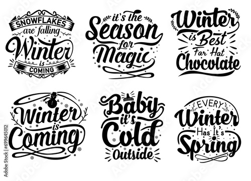 Winter Quote Element Design. Hand Drawn Lettering Greeting Quotes. winter is best chocolate, it's the season for magic, baby it's cold outside, every winter has it's spring, winter is coming great set