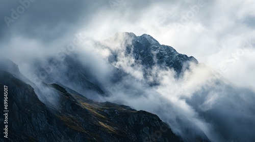 Mountain Summit enshrouded in Dramatic Clouds. Natural Background