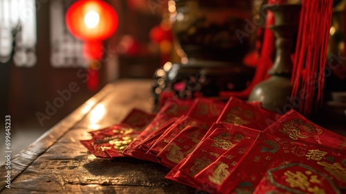 Red envelopes with golden patterns are spread across a wooden surface with a warm, festive atmosphere.