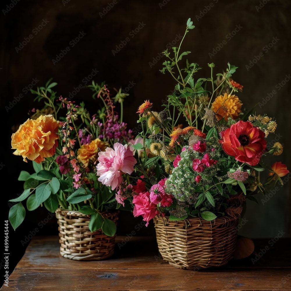 A rustic floral arrangement in wicker baskets, presenting a mix of flowers and foliage, creating a natural and homely atmosphere. A rustic floral arrangement in wicker baskets, presenting a mix of flowers and foliage, creating a natural and homely atmosphere.