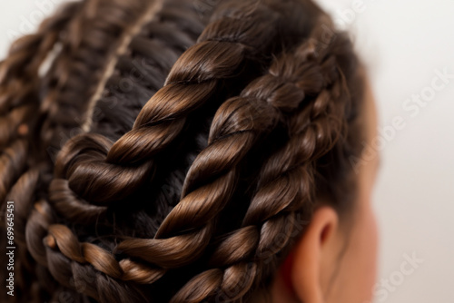 women's hairstyle. girl with a braided hairstyle of dark long hair, professional hairdresser working
