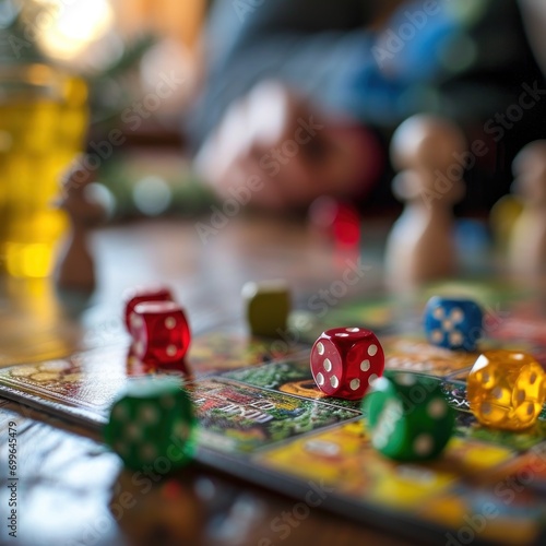 A close-up of colorful dice on a board game with blurred figures of people and game pieces in the background, suggesting a fun family activity.