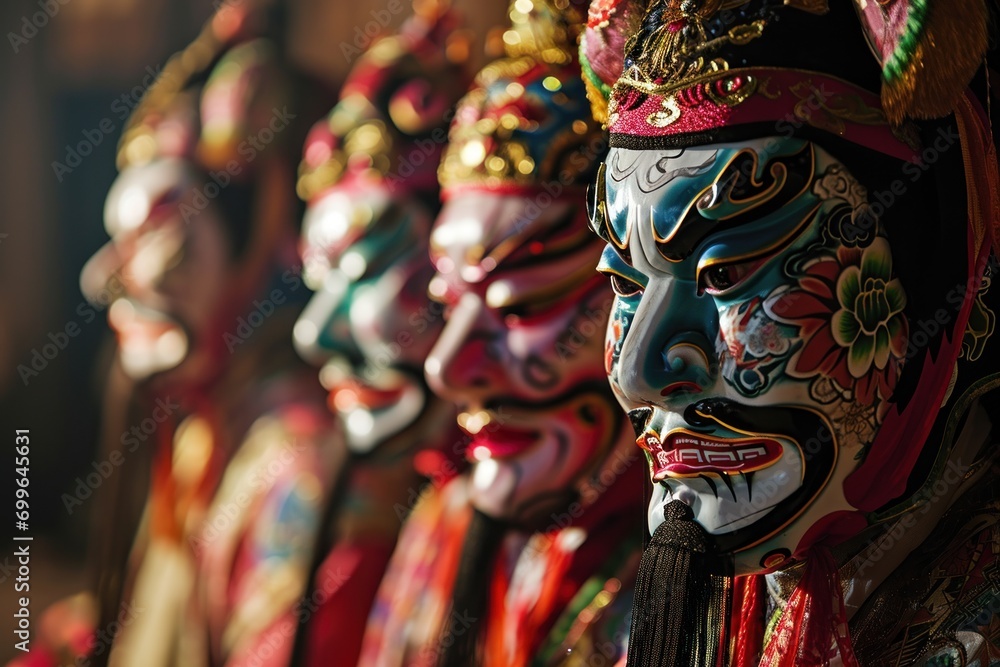 Fototapeta premium Rows of Chinese opera masks with their vivid colors and dramatic expressions are lined up, showcasing an integral part of traditional cultural performances during festivities.