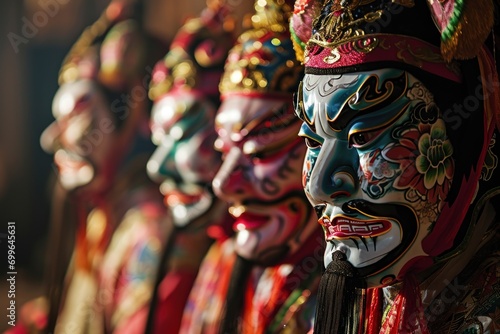 Rows of Chinese opera masks with their vivid colors and dramatic expressions are lined up, showcasing an integral part of traditional cultural performances during festivities. photo