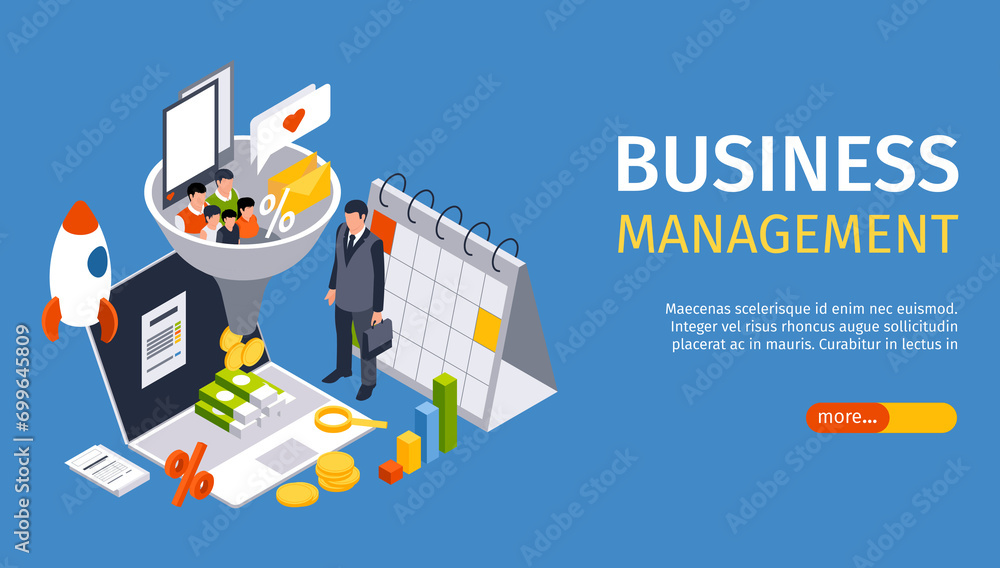 Isometric business horizontal banner template with business people working with a laptop and marketing funnel