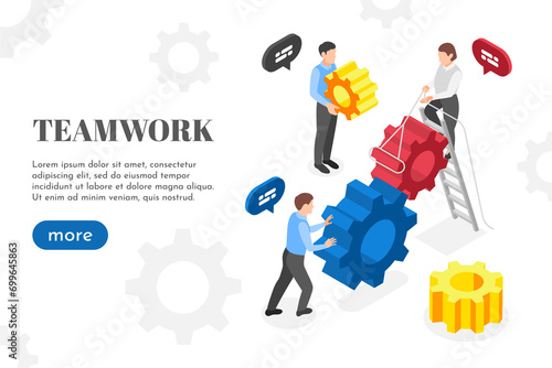 Isometric teamwork horizontal business banner template with people working together photo