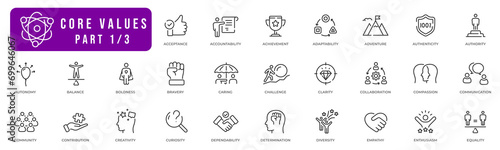 Core value line icon collection vol 1. Achievement, Authority, Bravery, Challenge, Clarity, Collaboration, Creativity, Diversity, Equality, reliability etc.
