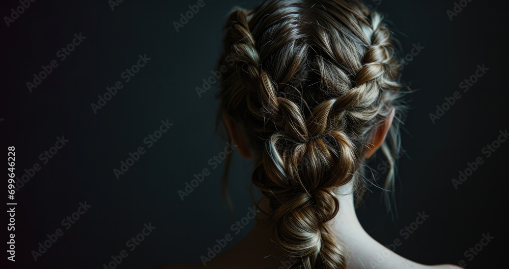 Beautiful women's hairstyle, styling. On a dark background. Back view. Beautiful women's hairstyle, styling. On a dark background. Back view.