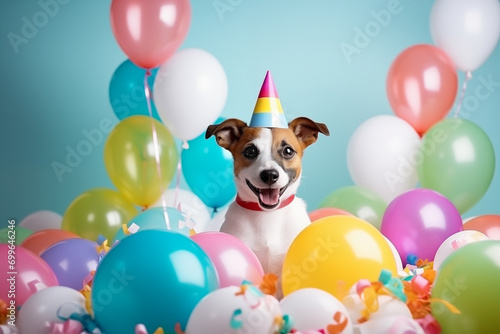 Cute Jack Russell Terrier wearing a party hat in a room decorated for a birthday celebration. Decoration of Happy Birthday greetings around (balloons, toys and gift boxes). Birthday card. Generative A © Rita