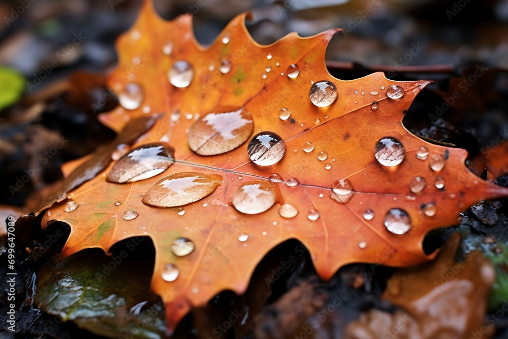 Close up of fallen leaf on the ground in autumn with water drops Close up of fallen leaf on the ground in autumn with water drops