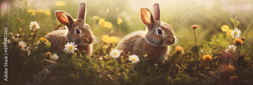 Dois coelhos marrom no campo - Fundo de tela panorâmico 