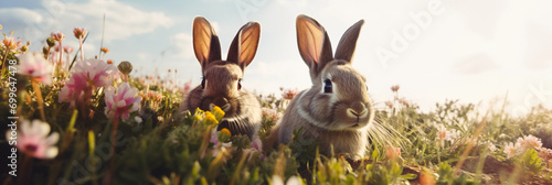 Dois coelhos marrom no campo - Fundo de tela panorâmico  photo
