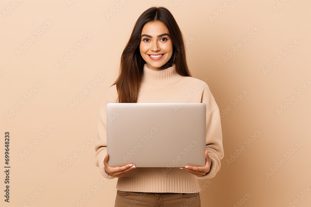 Naklejka premium a happy woman with laptop on pastel background generative AI