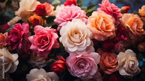 Diverse Blooming Roses in Lush Garden, Floral Elegance with Vivid and Pastel Roses Intermixed, Artistic Nature Display