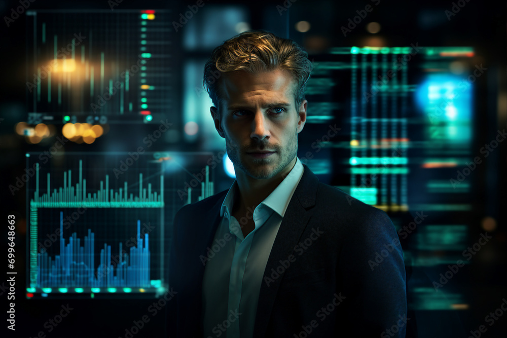 Secret hacker organization workplace data IT specialist near big screen with code Generative AI