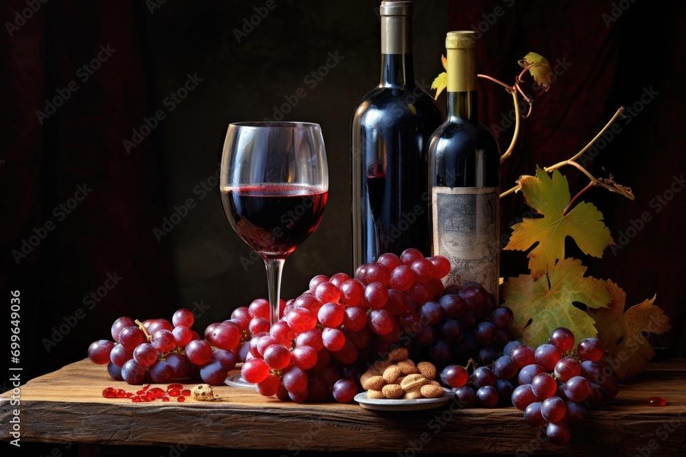 Glass of red wine and bottle with grapes on table.