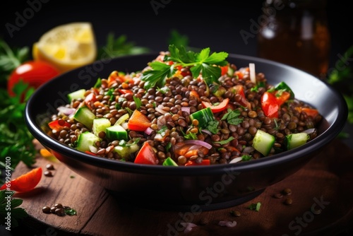 Lentil salad with veggies, healthy food, vegetarian and vegan snack.