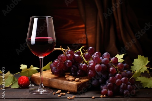 Glass of red wine with grapes on table.