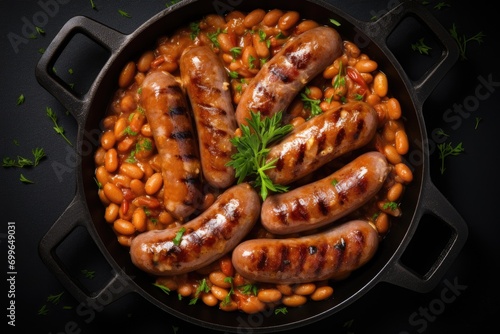 Grilled sausages with baked white beans in tomato sauce in frying pan photo