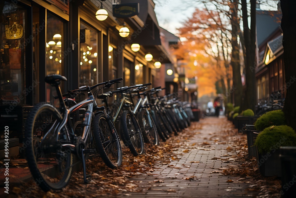Bicycles in a row beside the street, stock photo Bicycles in a row beside the street, stock photo