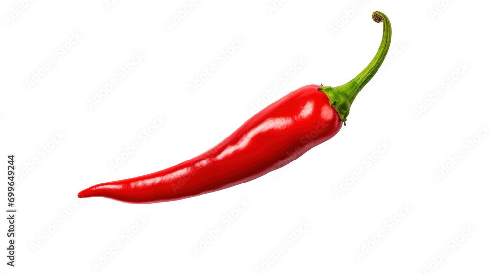 Top-down view. Red chilli with leaf isolated on transparent and white background.PNG image