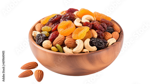 Top-down view. Mixed nuts and dried fruits in wooden bowl isolated on transparent and white background.PNG image