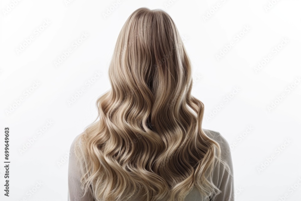 Fototapeta premium Blonde women's hair. On a white background. Back view.