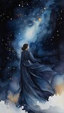 free photo a painting of a woman in a blue dress standing in the sky