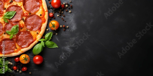 Tasty pepperoni pizza and cooking ingredients tomatoes basil on black concrete background © MDEMRAN